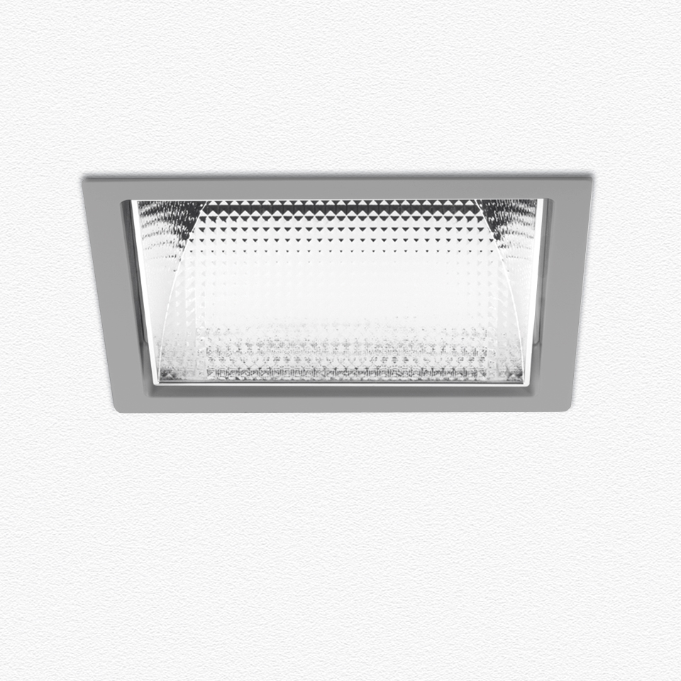 Artemide Luceri Kadro Trim recessed LED downlight, square silver frame with prismatic reflector, flush ceiling mount