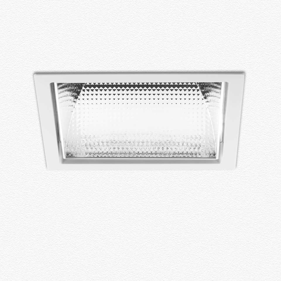 Artemide Luceri Kadro Trim recessed LED downlight, square white frame with prismatic reflector and linear LED array