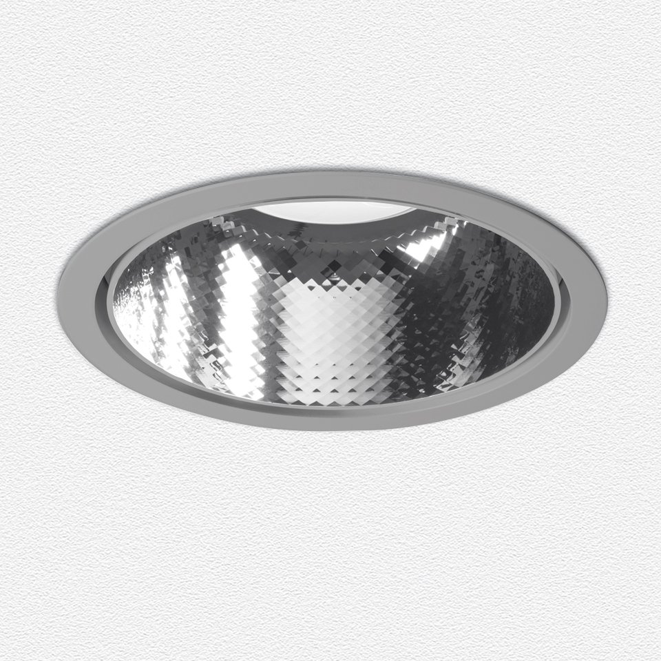 Artemide Luceri Round Trim LED recessed downlight with silver circular frame and faceted reflector for ceiling installation