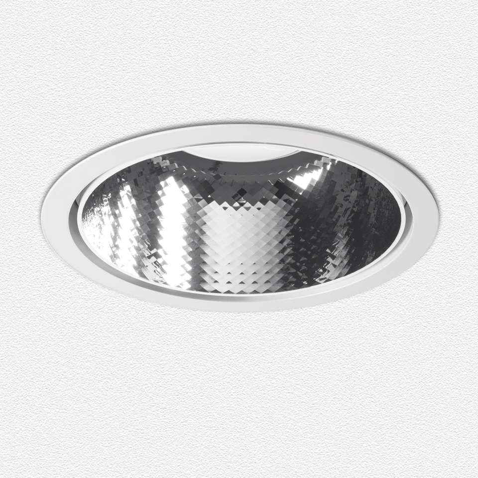 Artemide Luceri Round Trim LED recessed downlight with white circular trim and faceted silver reflector, flush ceiling mount
