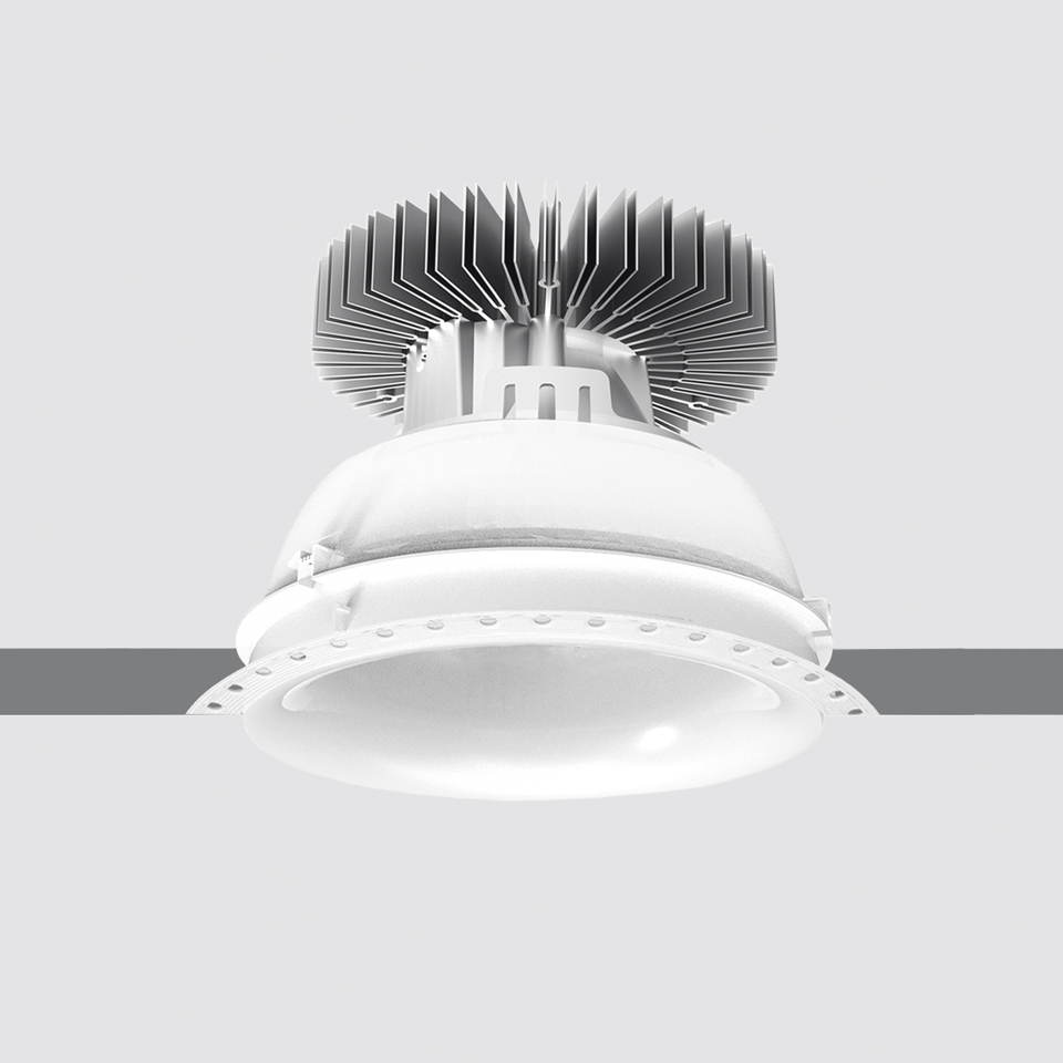 Artemide Luceri Round Trimless LED recessed downlight in white, with dome diffuser and visible aluminum heat sink on top