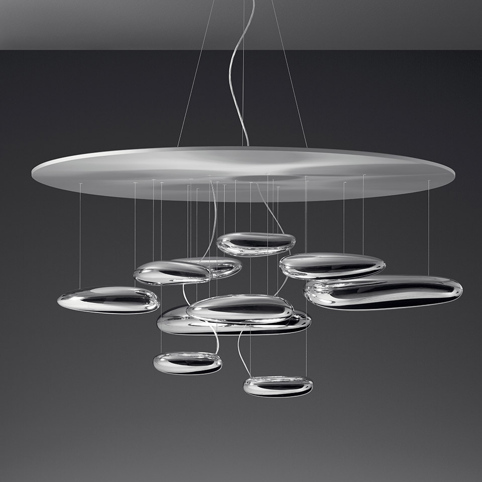 Artemide Mercury suspension lamp: multiple chrome pebble-shaped diffusers hanging from a large circular canopy on thin cables