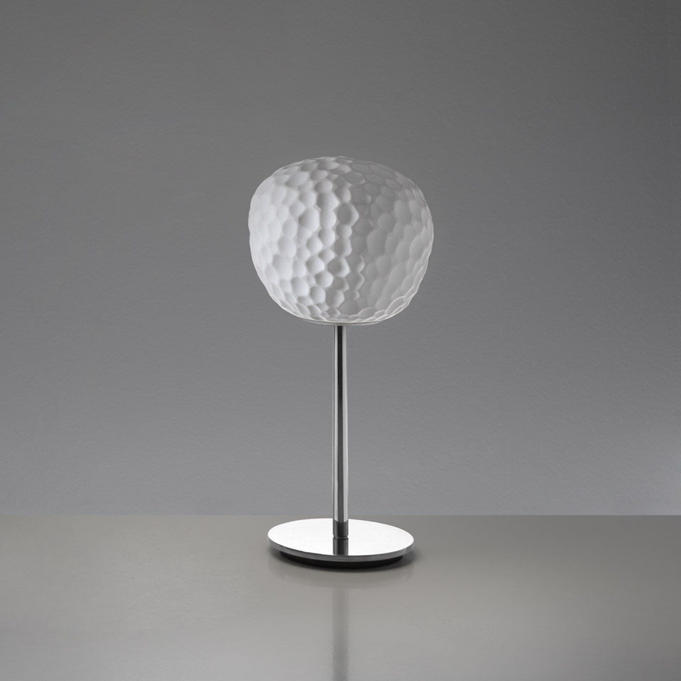 Artemide Meteorite Tavolo table lamp: white blown glass globe shade with textured dimpled surface on a slim chrome stem and round base - 2