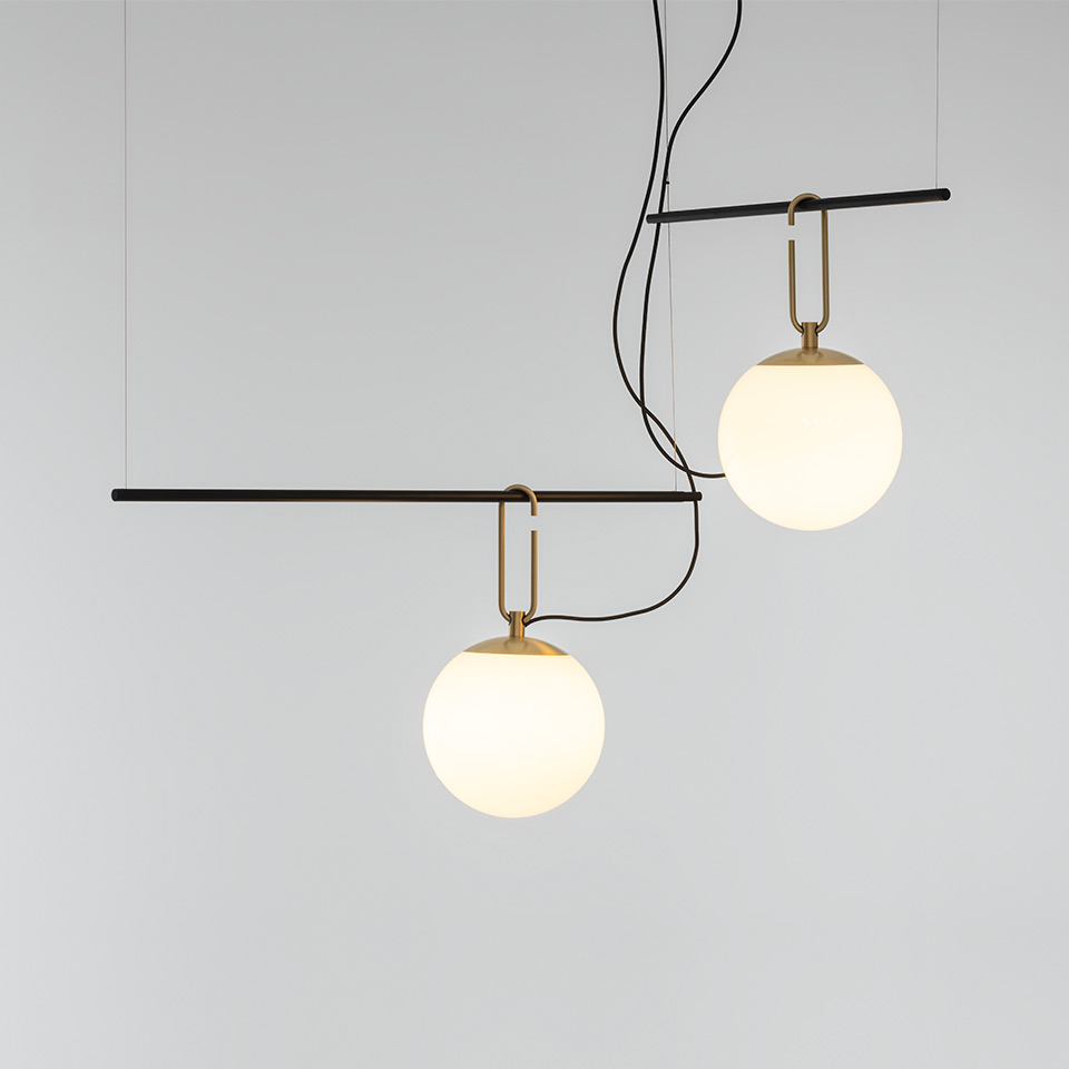 Artemide NH suspension lamp: black horizontal bar with two opal white glass spheres suspended by brass oval hooks on black cables - 2