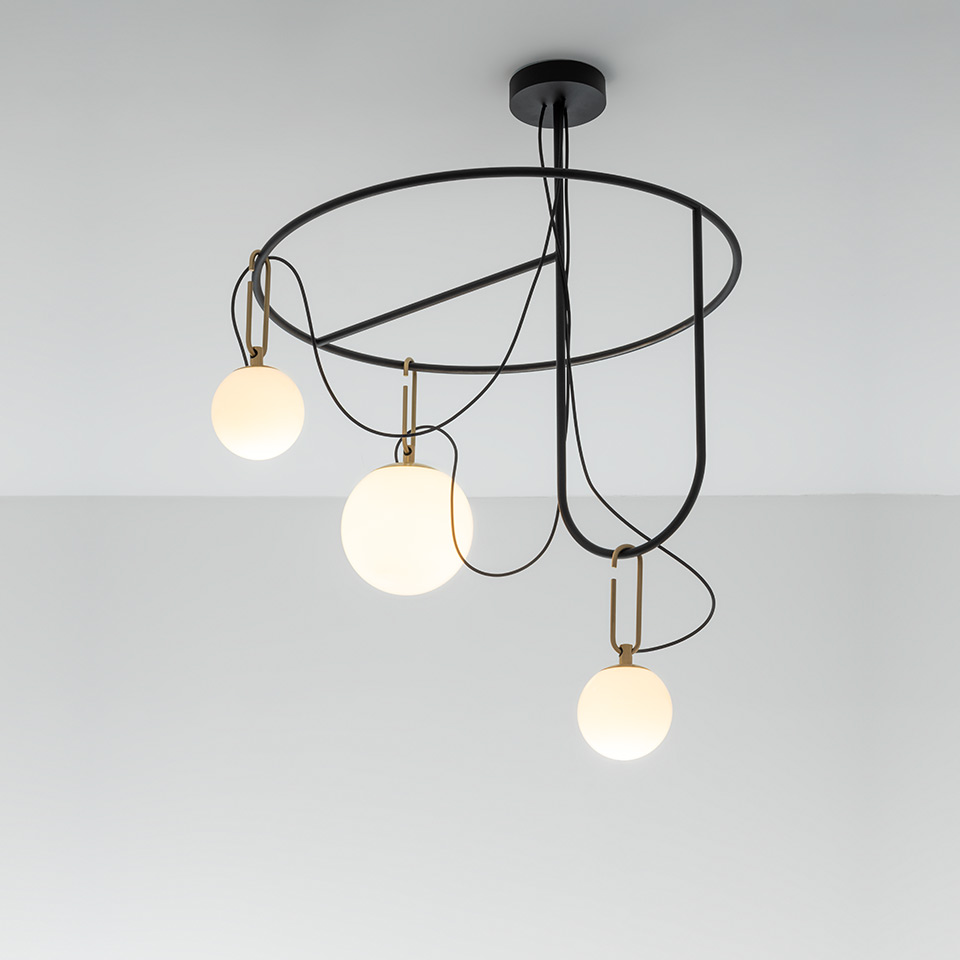 Artemide nh ceiling lamp: black circular frame with three opal glass globe pendants at varying heights, suspended by black cords with brass fittings - 2