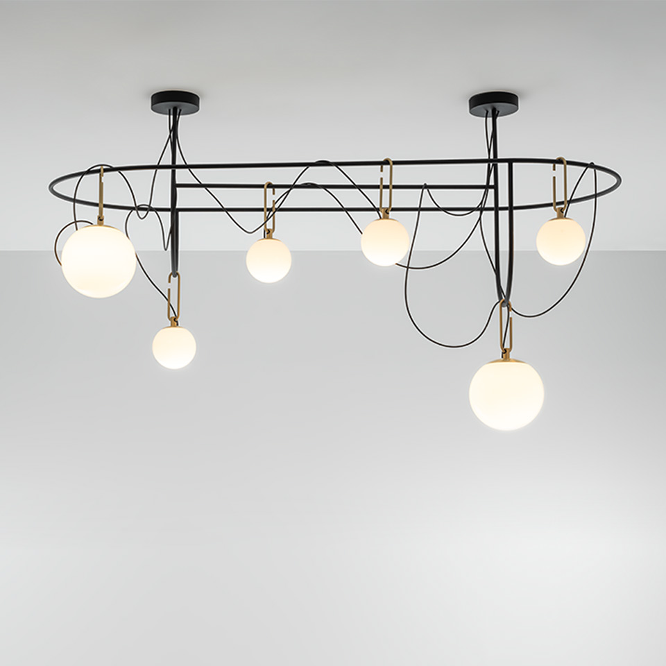 Artemide NH ceiling lamp: oval black metal frame with six opal glass globe pendants on brass hooks and black cables