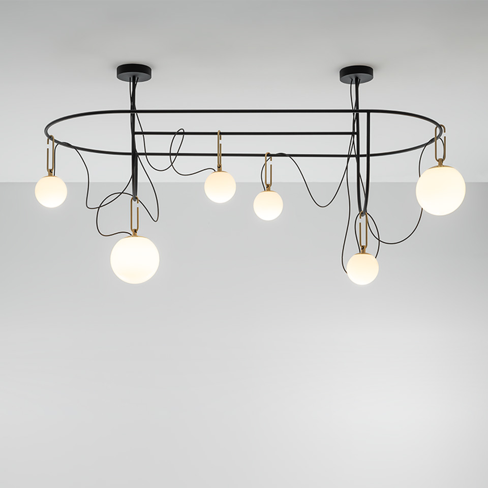 Artemide NH ceiling lamp: oval black metal frame with six opal glass globe pendants on brass holders and black cables - 2