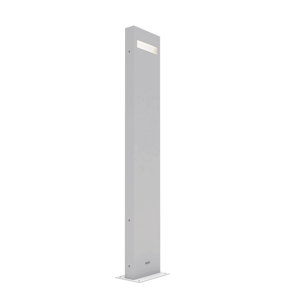 Paletto segnapasso esterno Artemide Nuda: alto palo sottile in alluminio bianco con fessura LED orizzontale nella parte superiore, montato su base quadrata