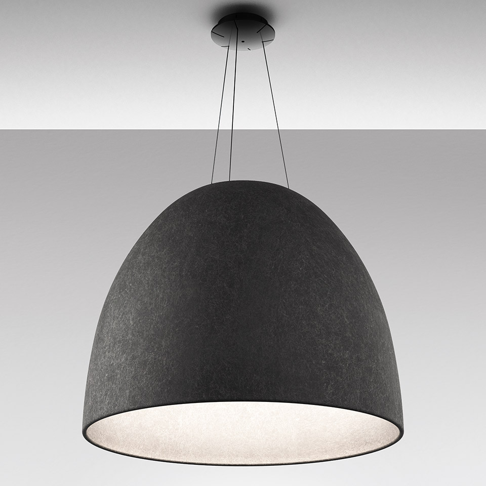 Artemide Nur Acoustic pendant lamp with large dark grey felt dome shade, suspended by black cables, emitting soft downward light
