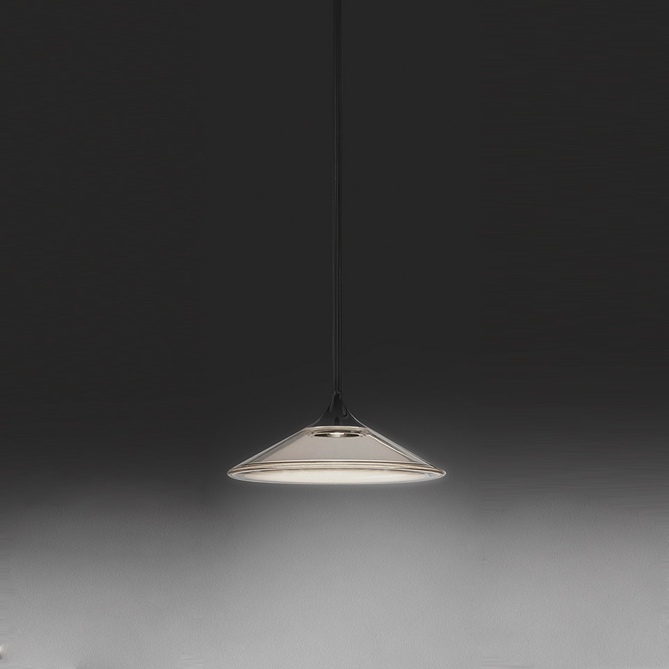 Artemide Orsa pendant lamp with flat conical transparent glass diffuser and white base, suspended from a black cord