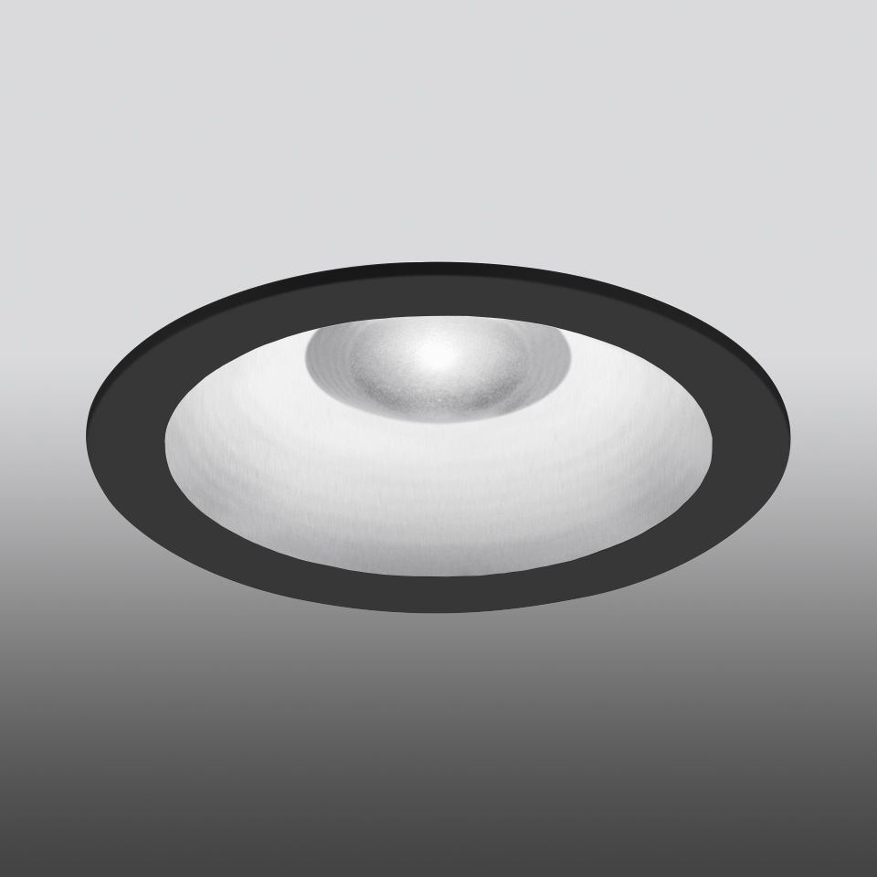 Artemide Parabola 100 recessed ceiling downlight with black outer ring and white parabolic reflector housing LED source