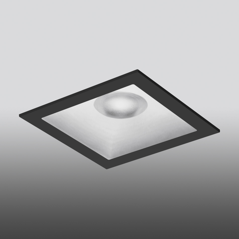 Artemide Parabola 100 square recessed ceiling light with black frame and white parabolic reflector with central LED source