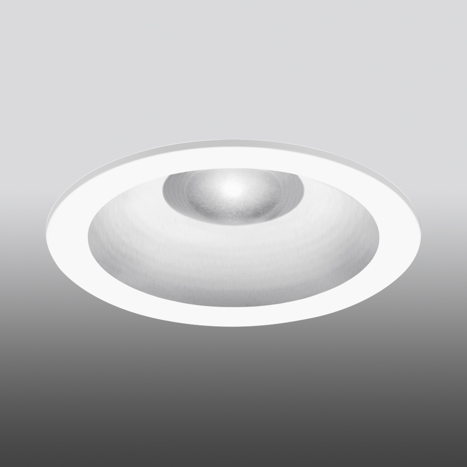 Artemide Parabola 100 recessed ceiling downlight with wide white circular trim and silver parabolic reflector housing LED source