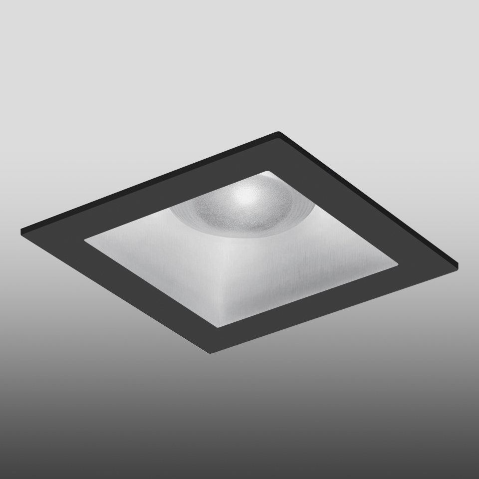 Faretto da incasso a soffitto quadrato Artemide Parabola 80 con cornice nera e riflettore in alluminio spazzolato con sorgente LED
