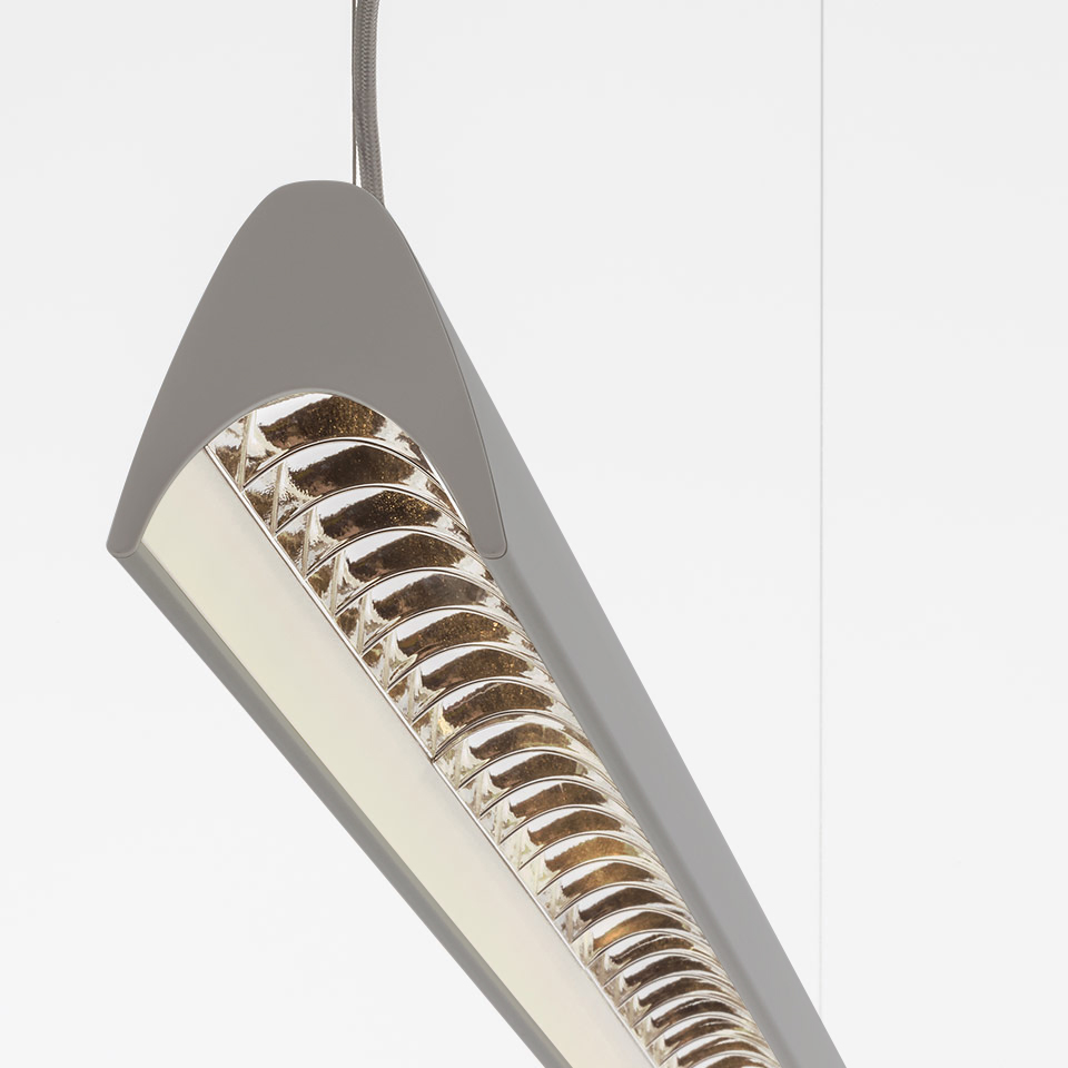 Artemide Series Y pendant lamp, tapered aluminum body in grey, revealing a gold ribbed reflector with integrated LED strip