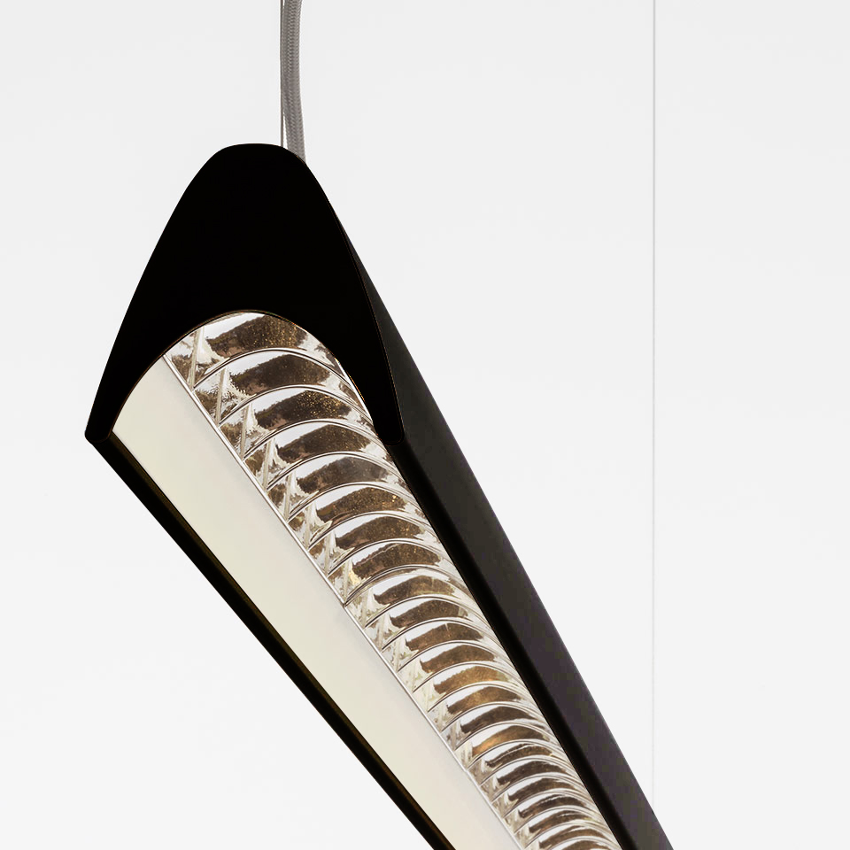 Artemide Series Y black pendant lamp with tapered body and ribbed crystal diffuser, suspended by a steel cable