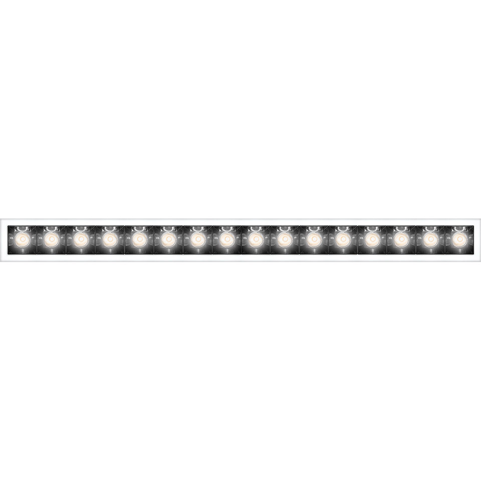 Artemide Sharp recessed linear LED fixture with multiple aligned spot modules in a slim white frame, providing uniform directional light