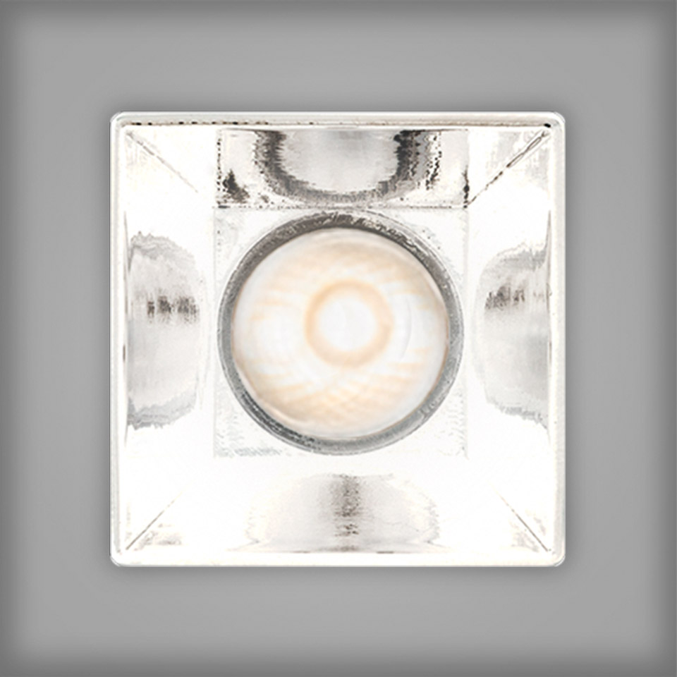 Artemide Sharp recessed spotlight, square chrome frame with central circular LED module, viewed from below - 2