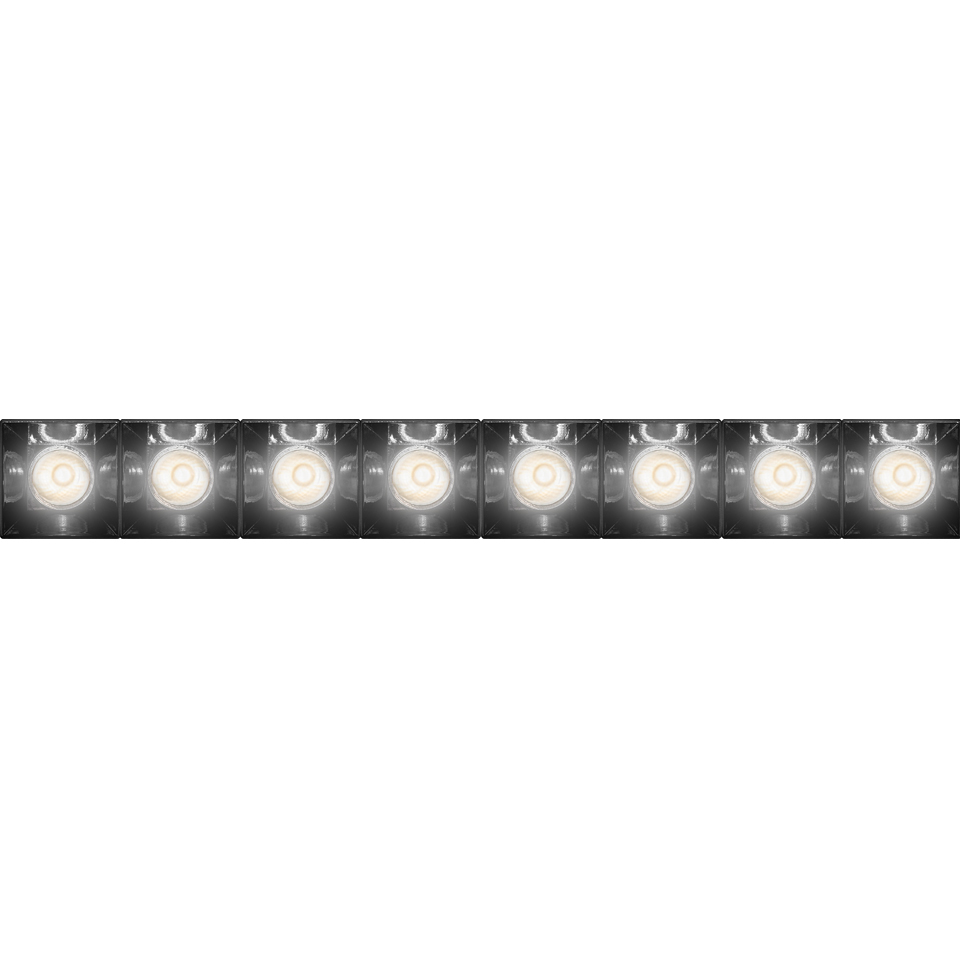 Row of eight Sharp recessed LED spotlights with circular apertures, emitting focused white light against a dark ceiling trim.