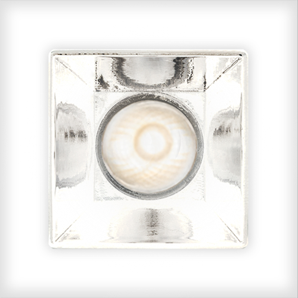Artemide Sharp recessed spotlight, square chrome frame with central circular LED module, viewed from below - 2