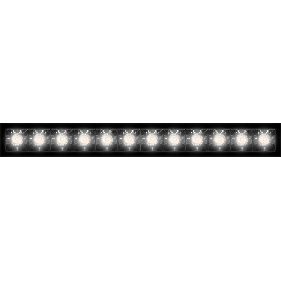 Artemide Sharp Refractive Emission barra LED: sottile apparecchio lineare nero con fila di 13 lenti LED rifrattive luminose