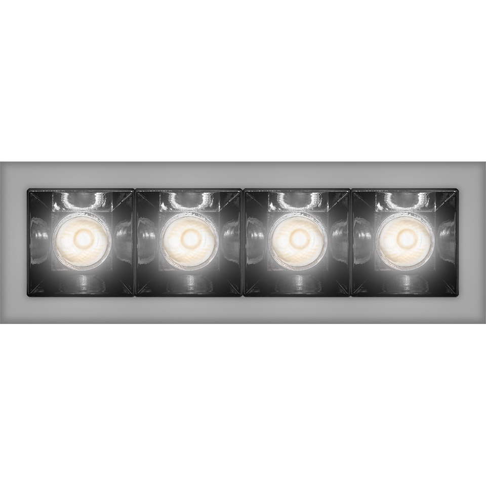 Artemide Sharp recessed ceiling light with four square LED modules in a rectangular gray trim, emitting bright white light