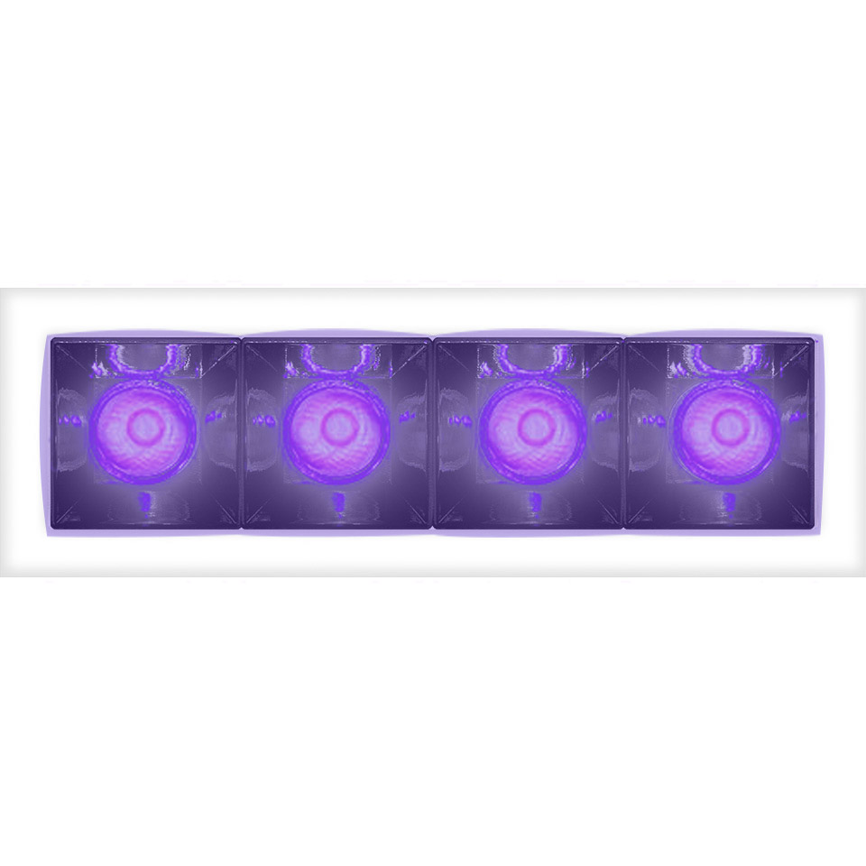 Artemide Sharp recessed light bar with four modules emitting vivid purple-violet LED light, set in a white rectangular frame