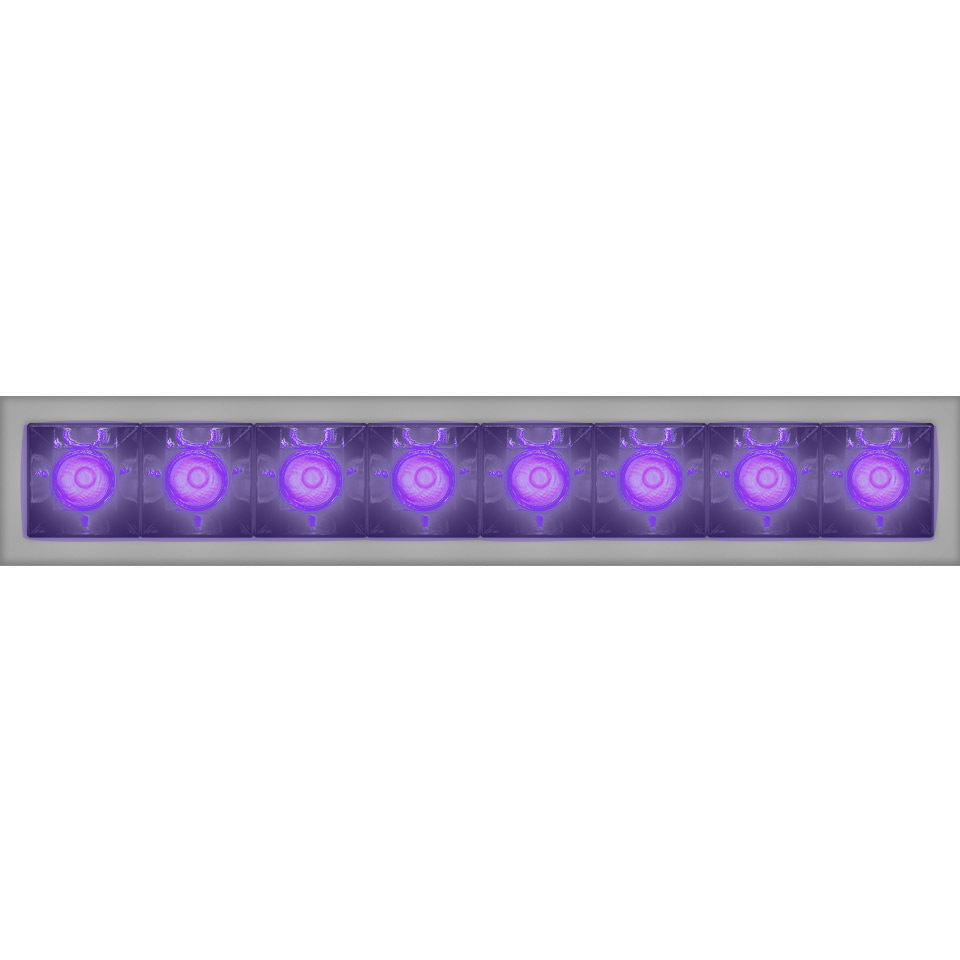Artemide Sharp linear LED fixture with eight purple-emitting modules in a rectangular aluminum housing