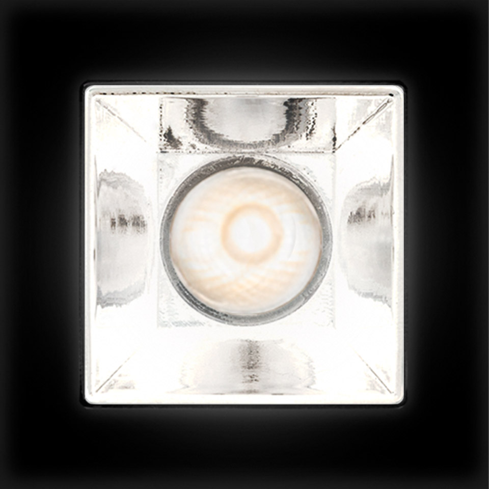 Artemide Sharp recessed spotlight: square chrome reflector with central LED source, viewed from below - 2