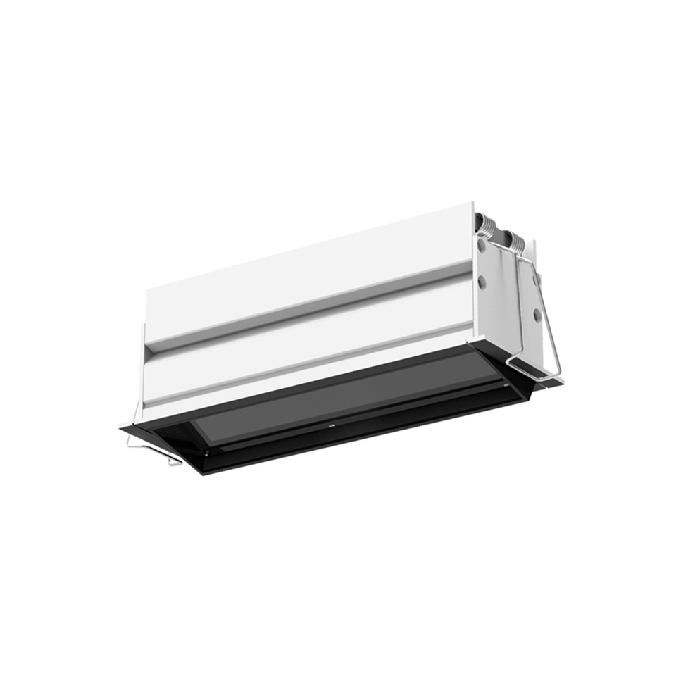 Artemide Sharp Wallwasher recessed ceiling fixture with black diffuser panel and white aluminum housing with mounting brackets