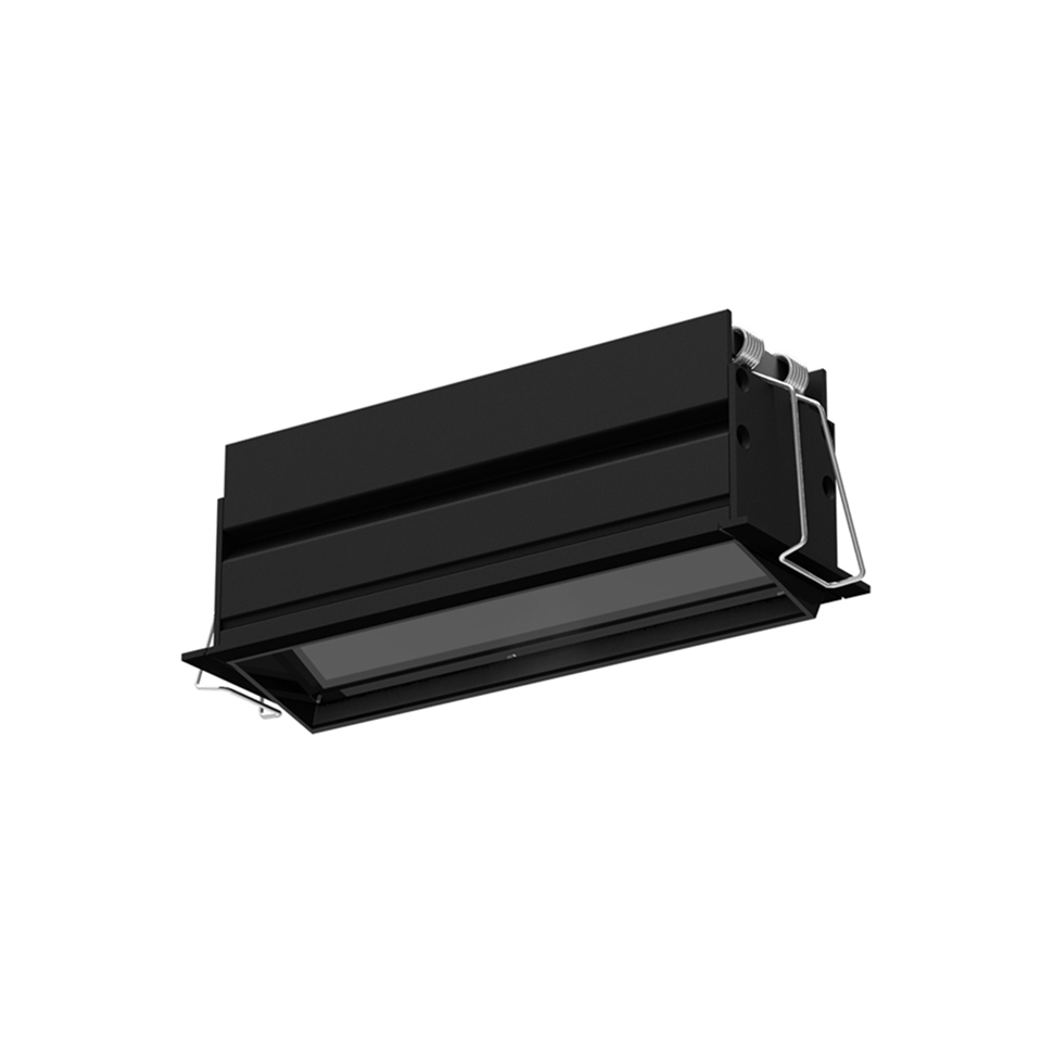 Artemide Sharp Wallwasher recessed ceiling fixture in black, rectangular housing with frosted glass diffuser and mounting springs