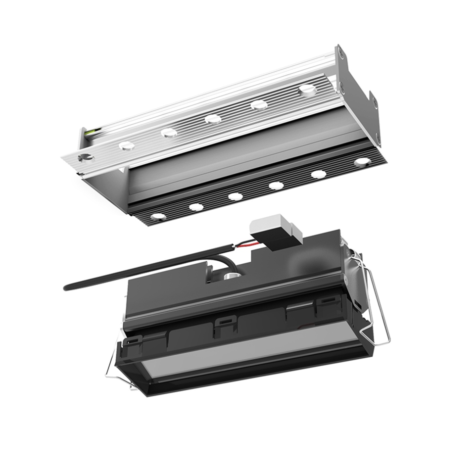 Artemide Sharp Wallwasher recessed LED fixture shown disassembled: silver top housing with LED array and black bottom module with driver