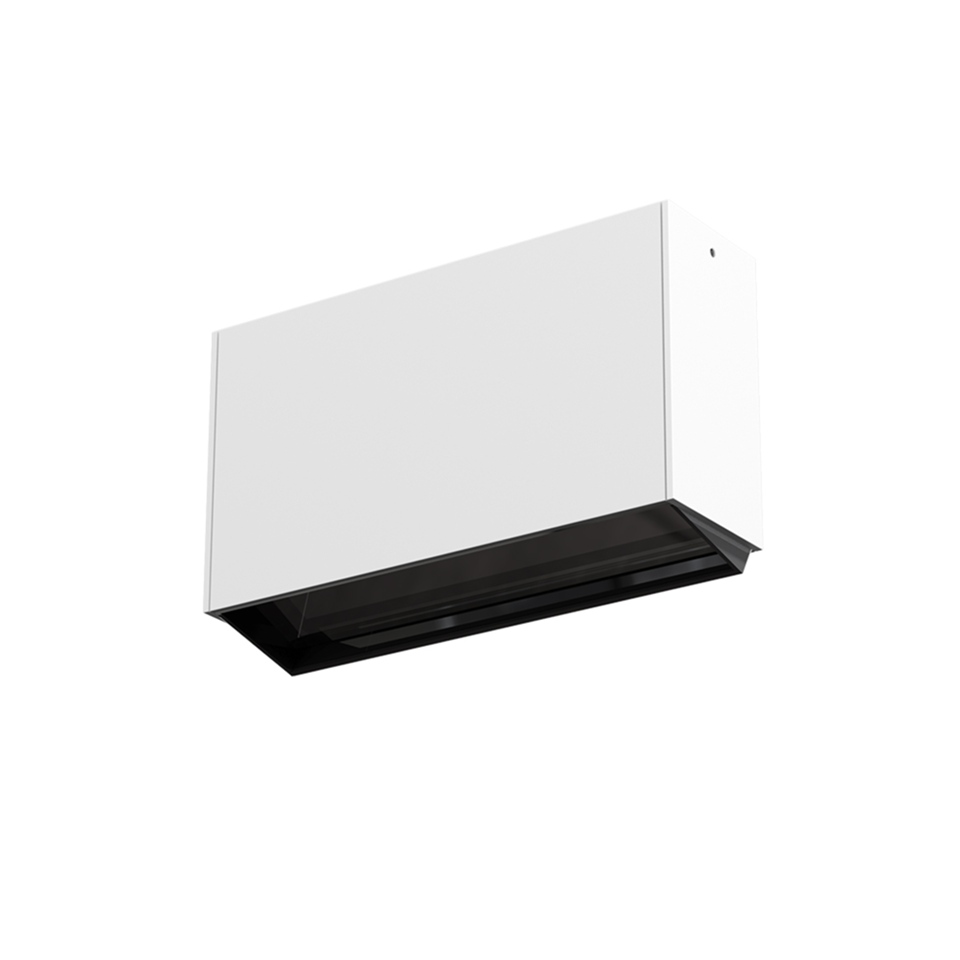 Artemide Sharp Wallwasher SMD: applique rettangolare con corpo bianco e riflettore asimmetrico nero per illuminazione a parete