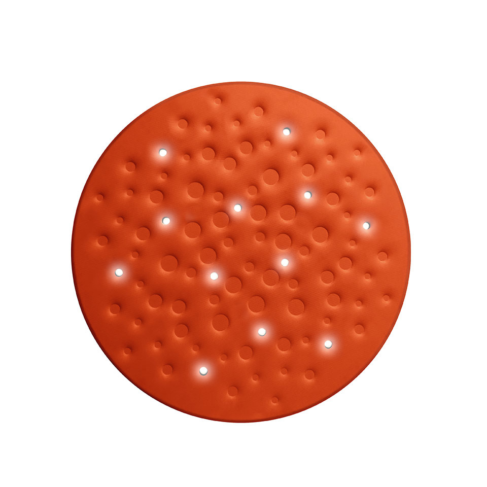 Artemide Silent Field 2.0 ceiling lamp: round orange disc with dimpled surface and scattered LED light points