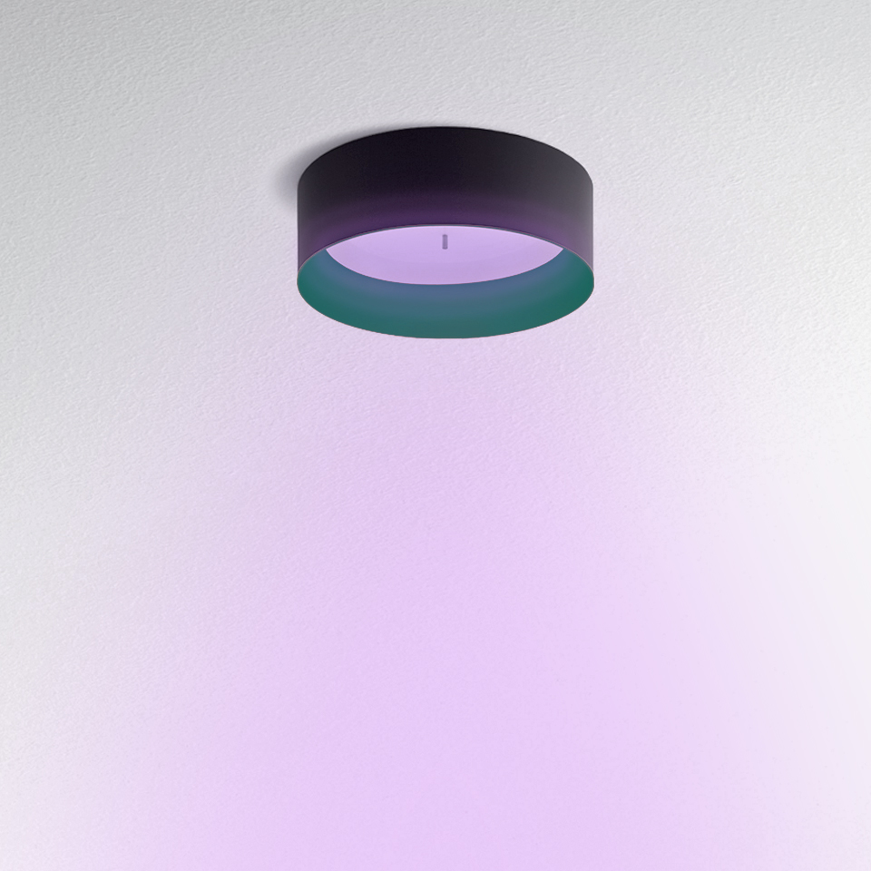 Plafoniera Tagora Soffitto 570 di Artemide, paralume cilindrico scuro che emette una morbida luce ambiente viola verso il basso