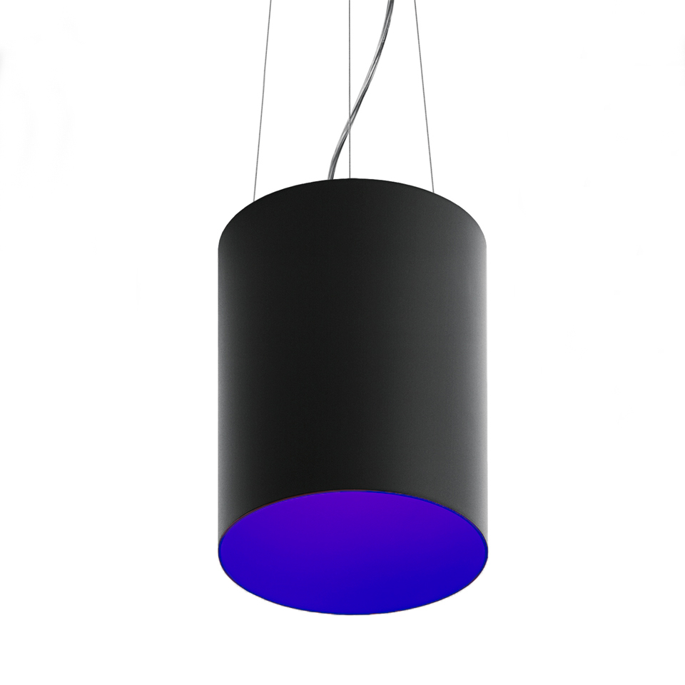 Artemide Tagora Sospensione 270: lampada a sospensione cilindrica nera con interno blu vivido, sospesa da sottili cavi