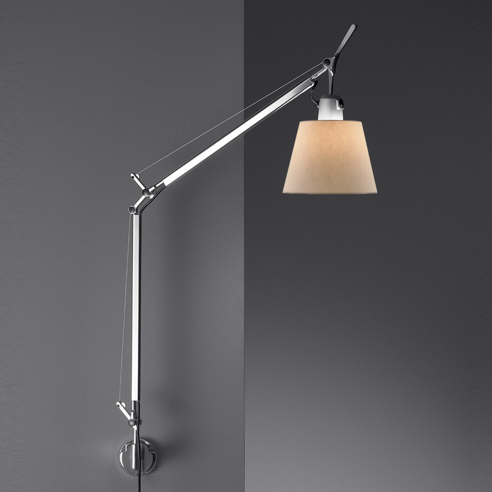 Artemide Tolomeo Basculante Parete wall lamp with polished aluminum adjustable arms and a conical parchment shade
