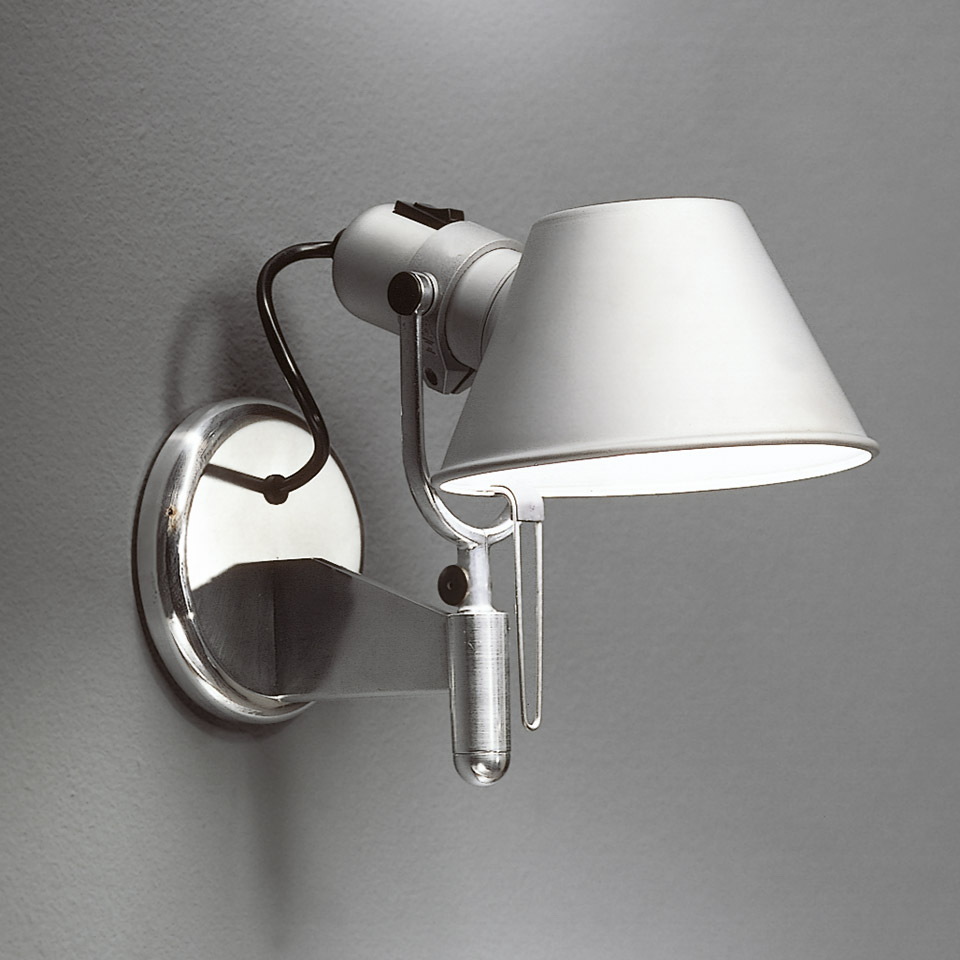 Artemide Tolomeo Parete wall lamp in polished aluminum with adjustable arm, conical shade, and circular wall mount
