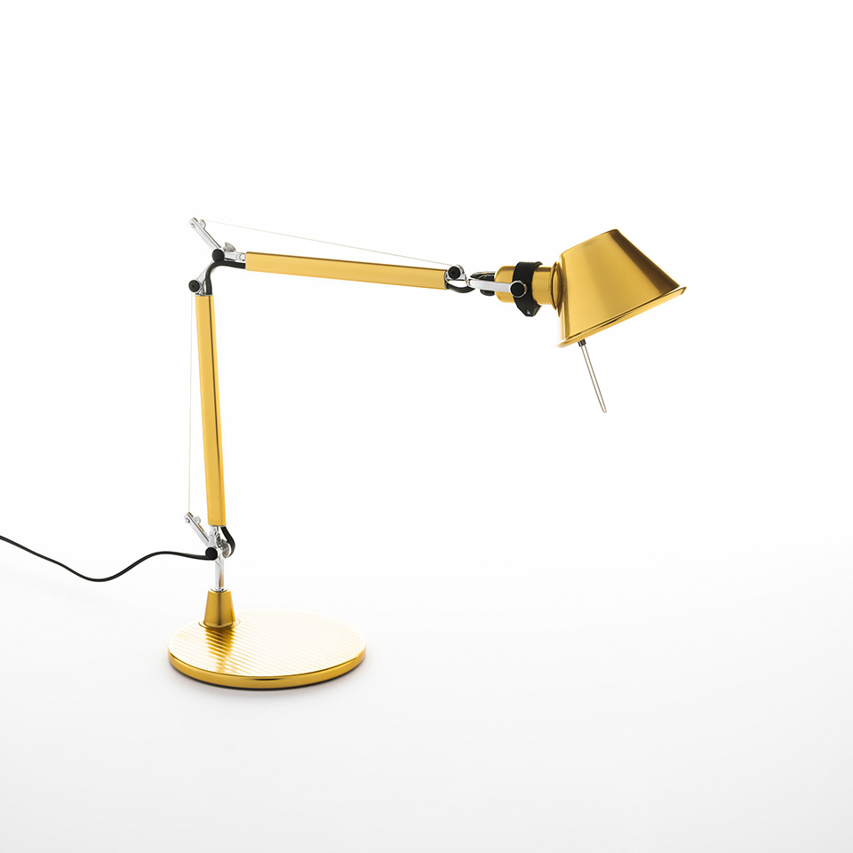 Artemide Tolomeo Micro Tavolo desk lamp in gold finish, with articulated double-arm, adjustable conical shade, and round base
