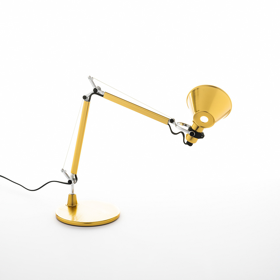 Artemide Tolomeo Tavolo desk lamp in gold finish, featuring articulated double-arm, adjustable reflector shade, and round base - 2
