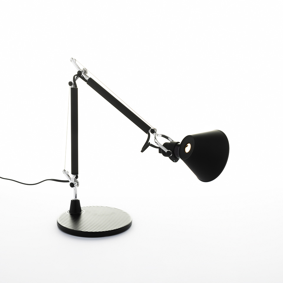 Artemide Tolomeo Micro Tavolo desk lamp in black, featuring articulated double arm, conical shade, and circular ribbed base - 2