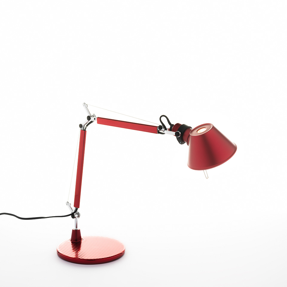 Artemide Tolomeo Micro Tavolo desk lamp in red anodized aluminum with articulated arm, conical shade, and circular base