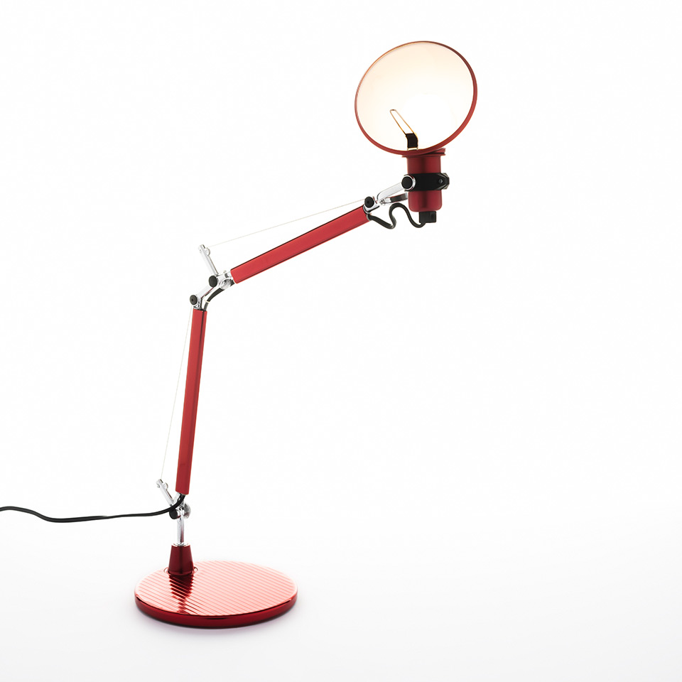 Artemide Tolomeo Micro Tavolo desk lamp in red, with articulated double arm, circular reflector, and round base - 2