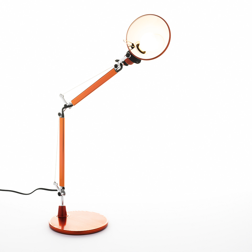 Artemide Tolomeo Micro Tavolo desk lamp in orange, with adjustable articulated arm, circular shade, and round base - 2