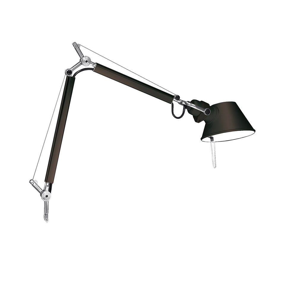 Artemide Tolomeo Tavolo desk lamp in black, featuring articulated double-arm with tension cables and adjustable conical shade