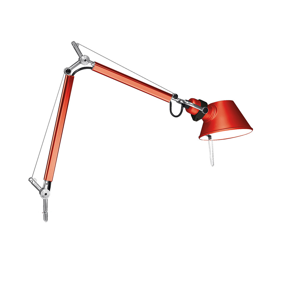 Artemide Tolomeo table lamp in red anodized aluminum with articulated double-arm, adjustable joints, and conical shade with pull switch