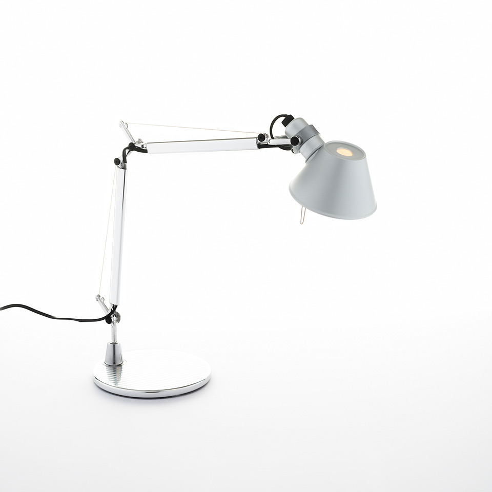 Artemide Tolomeo Micro Tavolo desk lamp in aluminium with adjustable articulated arm, conical shade, and round polished base