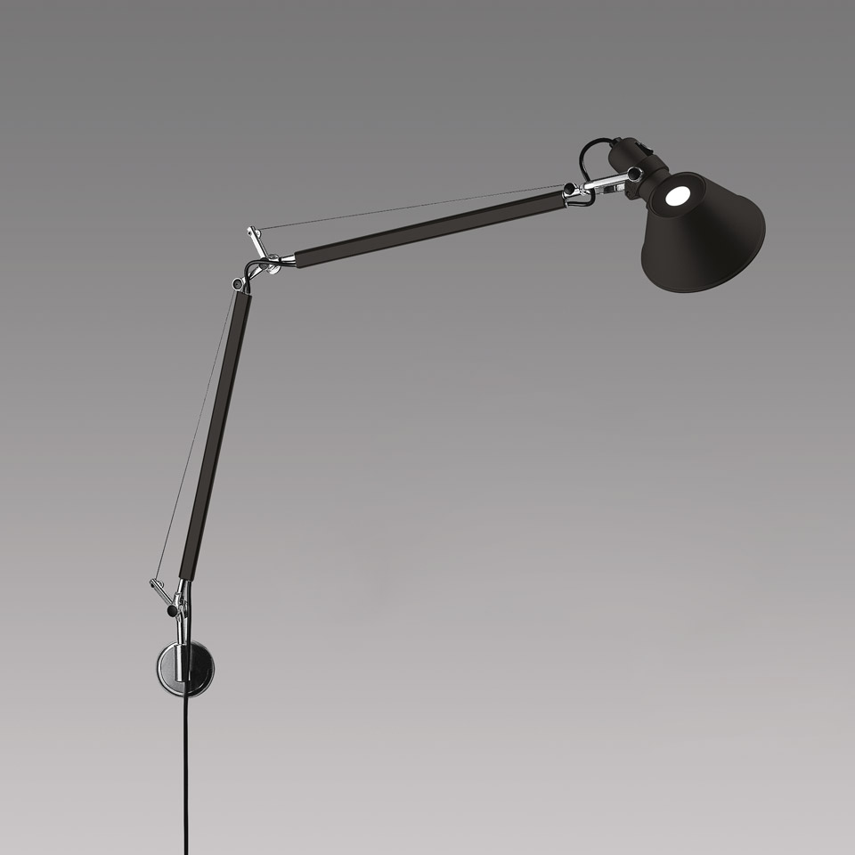 Artemide Tolomeo Mini Parete wall lamp in black, featuring adjustable double-arm with tension cables and pivoting conical shade