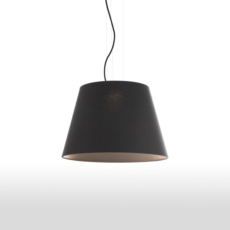 Lampada a sospensione Artemide Tolomeo Paralume Outdoor con ampio paralume conico in tessuto nero sospeso da un cavo nero