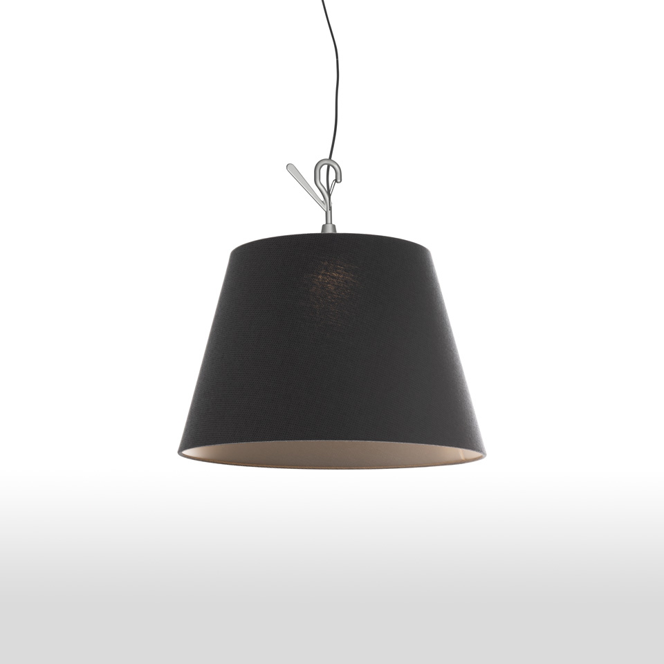 Lampada a sospensione Artemide Tolomeo Paralume Outdoor con paralume conico in tessuto nero e gancio a soffitto in alluminio lucidato
